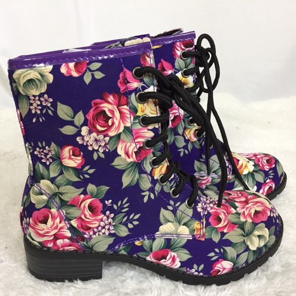 Kali Shoes - Floral Purple Ankle Boots Lace Up Combat 7